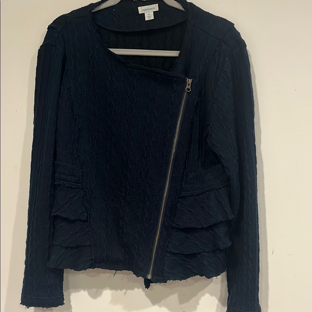 Blue Textured Sundance Sweater with Asymmetrical Zipper